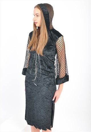 VINTAGE VELVET HOODIE DRESS IN BLACK