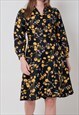VINTAGE 70S LONG SLEEVE ABSTRACT FLORAL PRINTED MIDI DRESS M