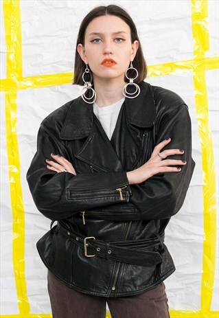VINTAGE MIDI BLACK LEATHER BIKER JACKET