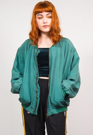 VINTAGE 90'S GREEN OVERSIZED SILK BOMBER JACKET