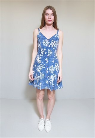 VINTAGE 1990'S BLUE & WHITE BUTTON FRONT FLARED MINI DRESS.