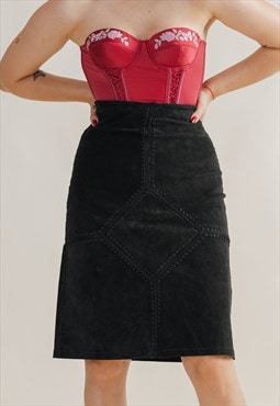 Vintage 70s Boho Black Suede Crotchet Detail Midi Skirt M