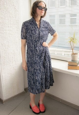 Vintage 80'S Navy Patterned Midi Short Sleeved Dress