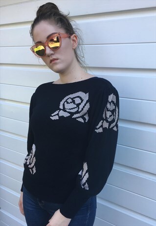 WOMENS VINTAGE 80S JUMPER BEIGE BLACK FLORAL SWEATER TOP