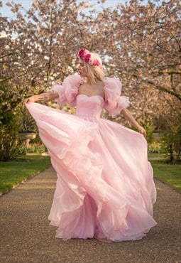 Pink Organza Ruffled Puff Sleeve Long Dress