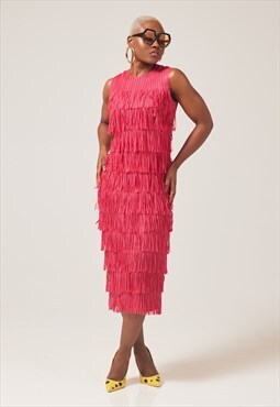  Nanstich Pink Fringe Plisse Premium Loose Elegant Dress