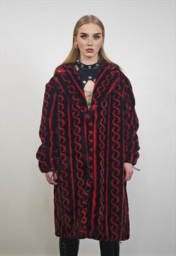 Geometric fleece coat longline Arabic pattern trench in red