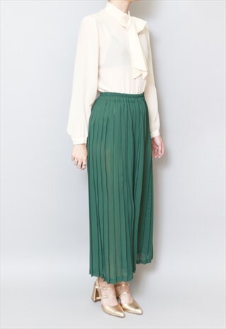 VINTAGE 1980'S SHEER GREEN PLEATED MIDI SKIRT