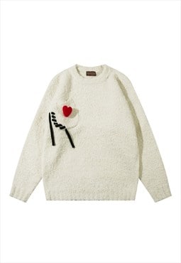 Patchwork sweater fluffy pocket knitwear jumper in cream 