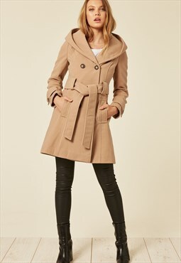Camel Shawl Hooded Slim Fit Coat With Belt