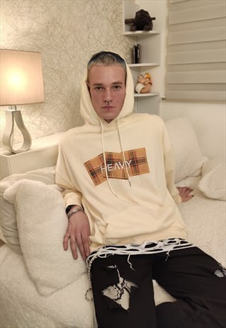 LOOSE FIT OVERSIZE EMBROIDERED TARTAN HEAVY SLOGAN HOODIE