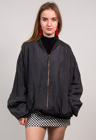 VINTAGE 90'S DARK GREY OVERSIZED SILK BOMBER JACKET