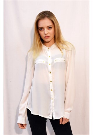 PLAIN CLASSIC CHIFFON SHIRT WITH GOLD BUTTONS IN WHITE COLOR