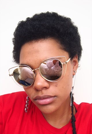 SILVER REFLECTIVE GOLD FRAME CAT EYE SUNGLASSES