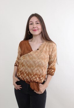 90s printed blouse, vintage cotton brown abstract blouse