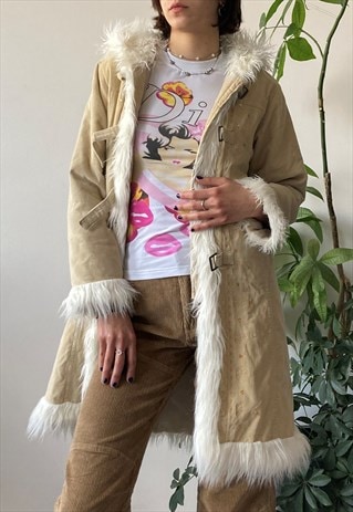 Vintage Y2K 00's Cream Corduroy Faux Fur Classy Afghan Coat