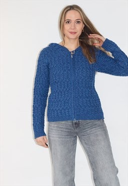 Hooded Knit Pure Irish Wool Zip Up Aran Cardigan