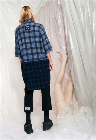 VINTAGE SHIRT DRESS REWORKED CHECKED GRUNGE SAD FACE MIDI