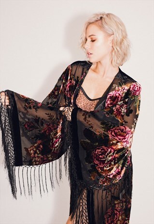 BURNOUT VELVET FESTIVAL KIMONO JACKET WITH FRINGING
