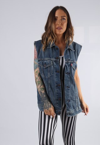 VINTAGE DENIM WAISTCOAT JACKET OVERSIZED FITTED UK 16 (HD1Z)