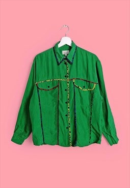 OTTO KERN Vintage 90's Designer Blouse Silky Shirt Green 