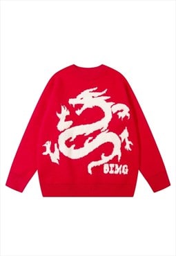 Dragon print sweater monster jumper Japanese pullover in red