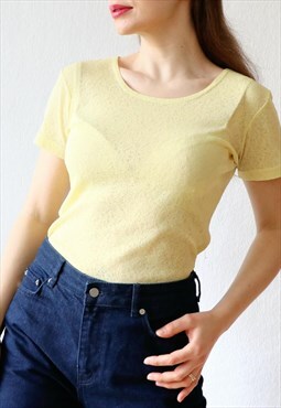 Sheer Lace Mesh Vintage Top 90s T-shirt Pastel Yellow S