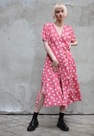 VINTAGE 90'S BOHO FLORAL PATTERNED BUTTON UP MIDI DRESS