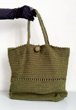 Vintage Y2K cute crochet shopper tote in moss green