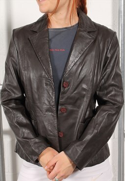 Vintage Leather Blazer in Brown Oversized Y2K Jacket Medium
