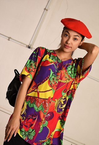 90'S RETRO ABSTRACT PRINT FESTIVAL PARIS CHIC BLOUSE TOP