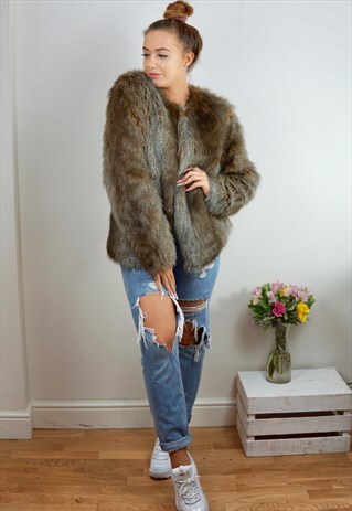 BROWN BEIGE FAUX FUR JACKET
