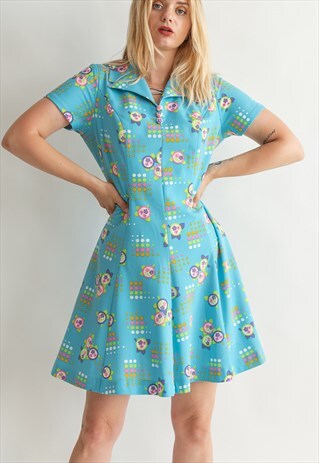 VINTAGE 60S MIDI SECRETARY DRESS IN BLUE PATTERN