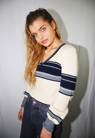 VINTAGE 70'S V CREAM KNITTED JUMPER