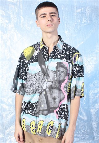 VINTAGE BLUE, GREY AND YELLOW VOLLEYBALL PATTERNED SHIRT