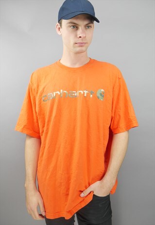 VINTAGE CARHARTT T SHIRT IN ORANGE WITH GRAPHIC LOGO