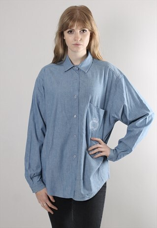 VINTAGE 80S BLUE DENIM EMBROIDERED OVERSIZE SHIRT