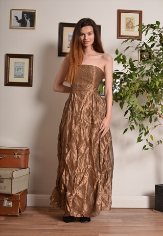 VINTAGE 90S STRAPLESS MAXI PROM DRESS IN SHINY GOLD