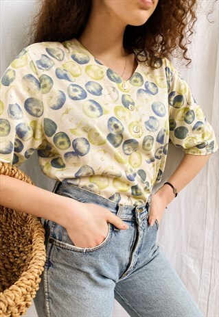 VINTAGE 80S APPLE PRINT GARDENERS BLOUSE TOP TEE T-SHIRT