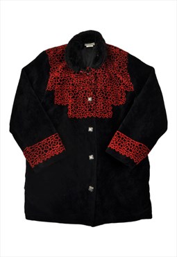 Vintage Fleece Jacket Retro Pattern Black/Red Ladies XL