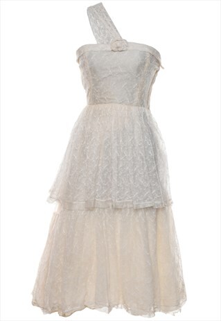 Vintage One Shouldered White Lace Tiered Dress - M