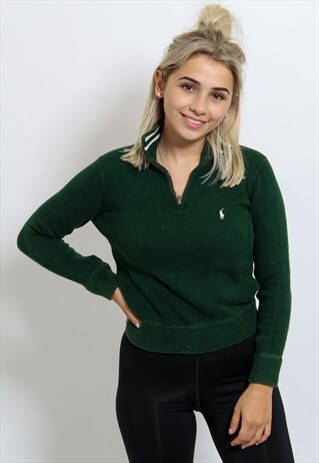 VINTAGE RALPH LAUREN LOGO 1/4 ZIP SWEATER GREEN XXS