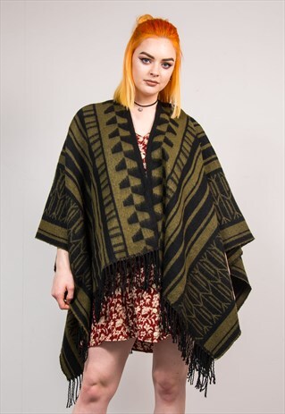 VINTAGE 90'S GREEN AZTEC PATTERN FESTIVAL PONCHO KIMONO