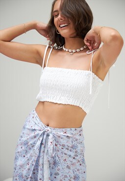 White linen smocked crop top with shoulder drawstring ties