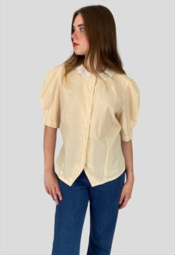 80's Vintage Yellow White Cotton Blouse Lace Collar