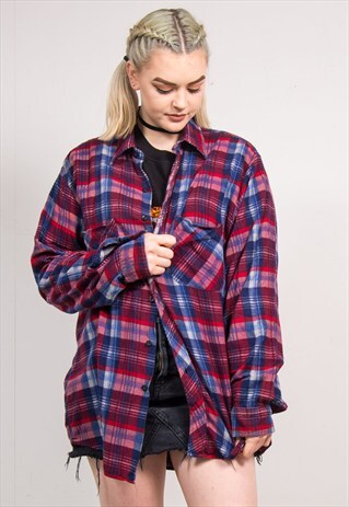 90'S VINTAGE CHECK PATTERN GRUNGE FLANNEL SHIRT