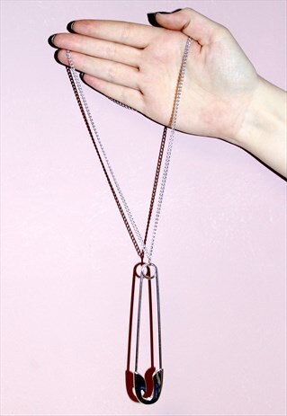 PUNK GRUNGE OVERSIZED SAFETY PIN NECKLACE PENDANT HANDMADE