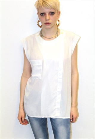 80'S VINTAGE SLOUCHY WHITE BOHO POCKET SHIRT BLOUSE TUNIC