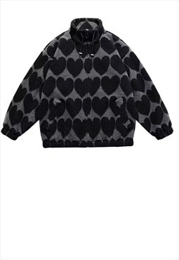 Heart print fleece jacket faux fur love emoji bomber in grey