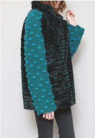 VINTAGE 1980'S GREEN MIXED ZEBRA & SPOT FAUX FUR COAT
